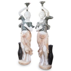 Pair Sculptural Marble Figural Torchieres
