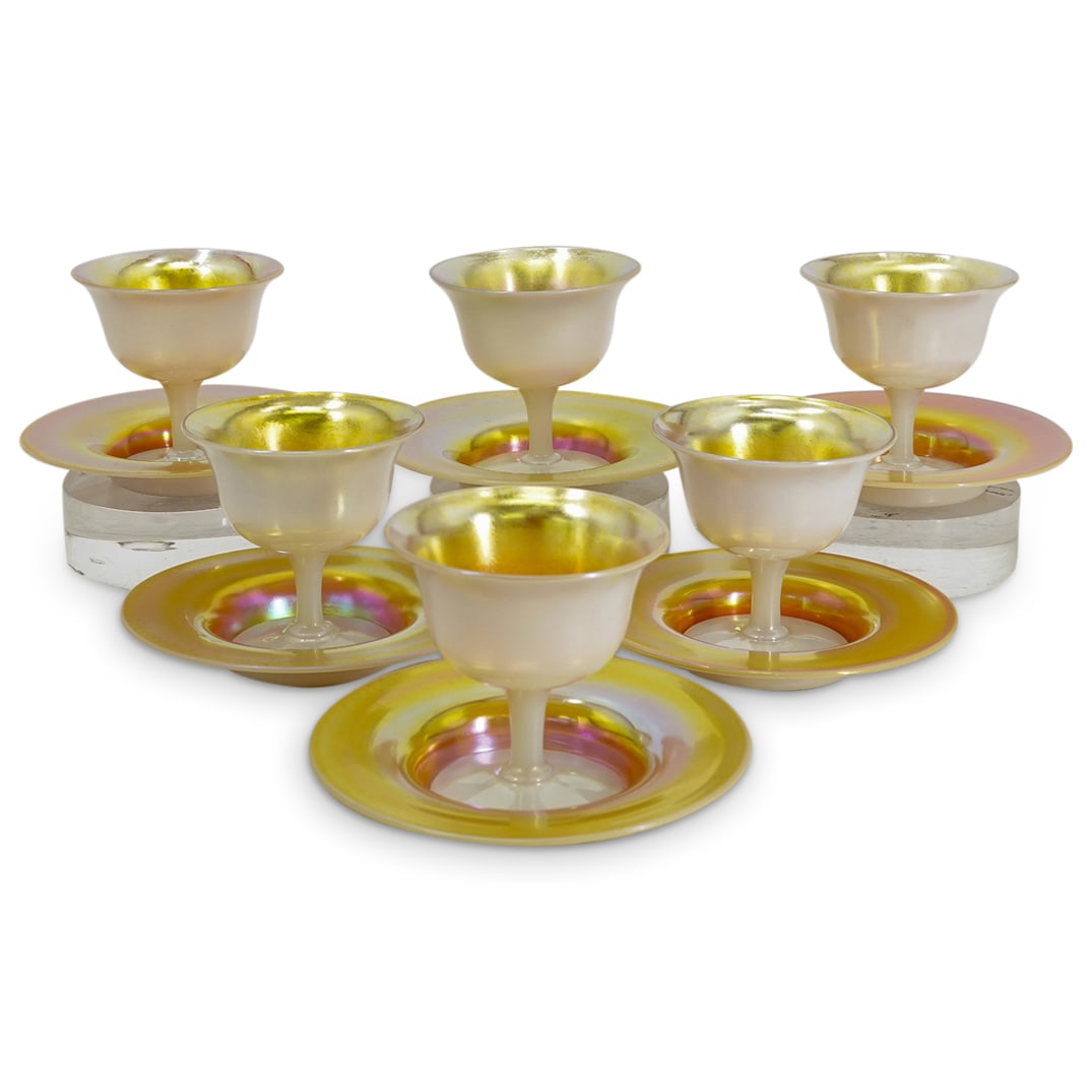 (12 Pc) Steuben Gold Aurene Glass Sherbert Cups & Saucers (1 of 5)