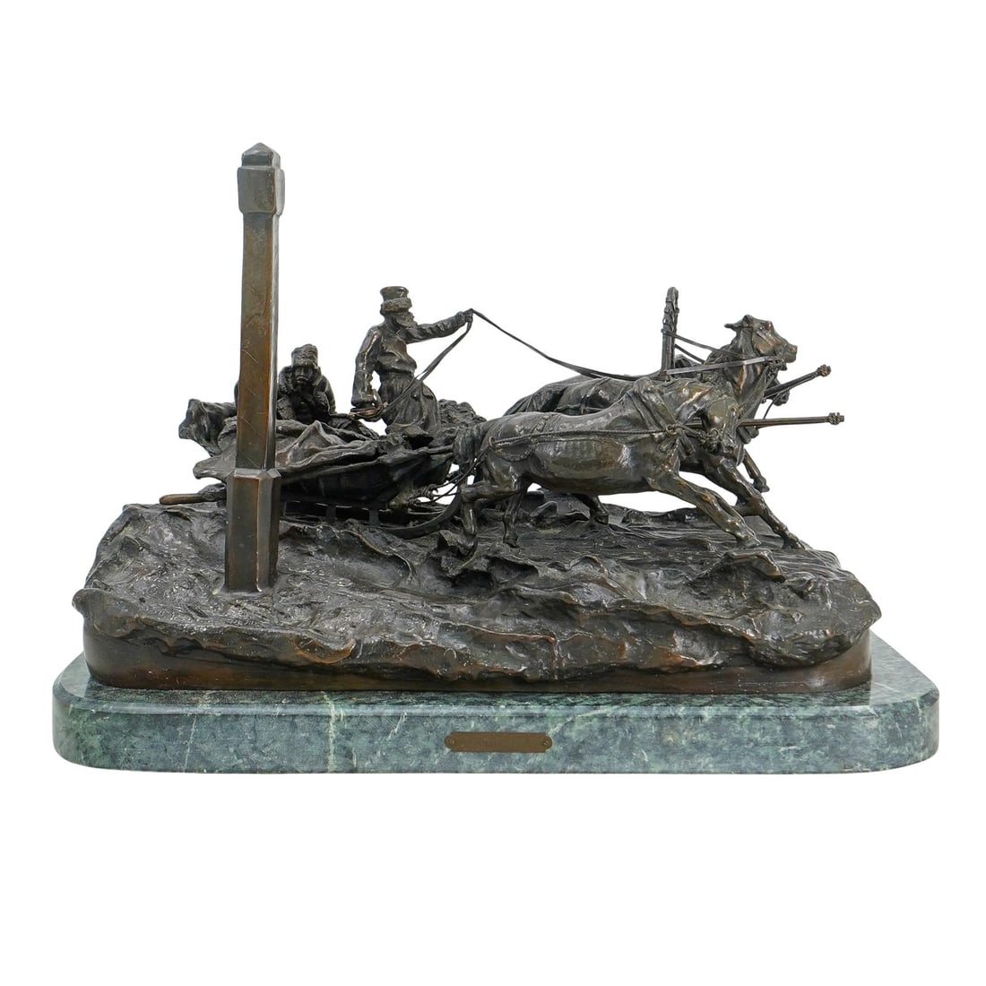 After Vasily Yacovlevich Grachev (Russian, 1831-1905) Bronze: DESCRIPTION: Signed After Vasily Yacovlevich Grachev (Russian, 1831-1905) Bronze Sculpture on Green Marble Base The Milepost Troika Group. Fitted with plaque incised Gratcheff. CIRCA: 20th Cent. ORIGI