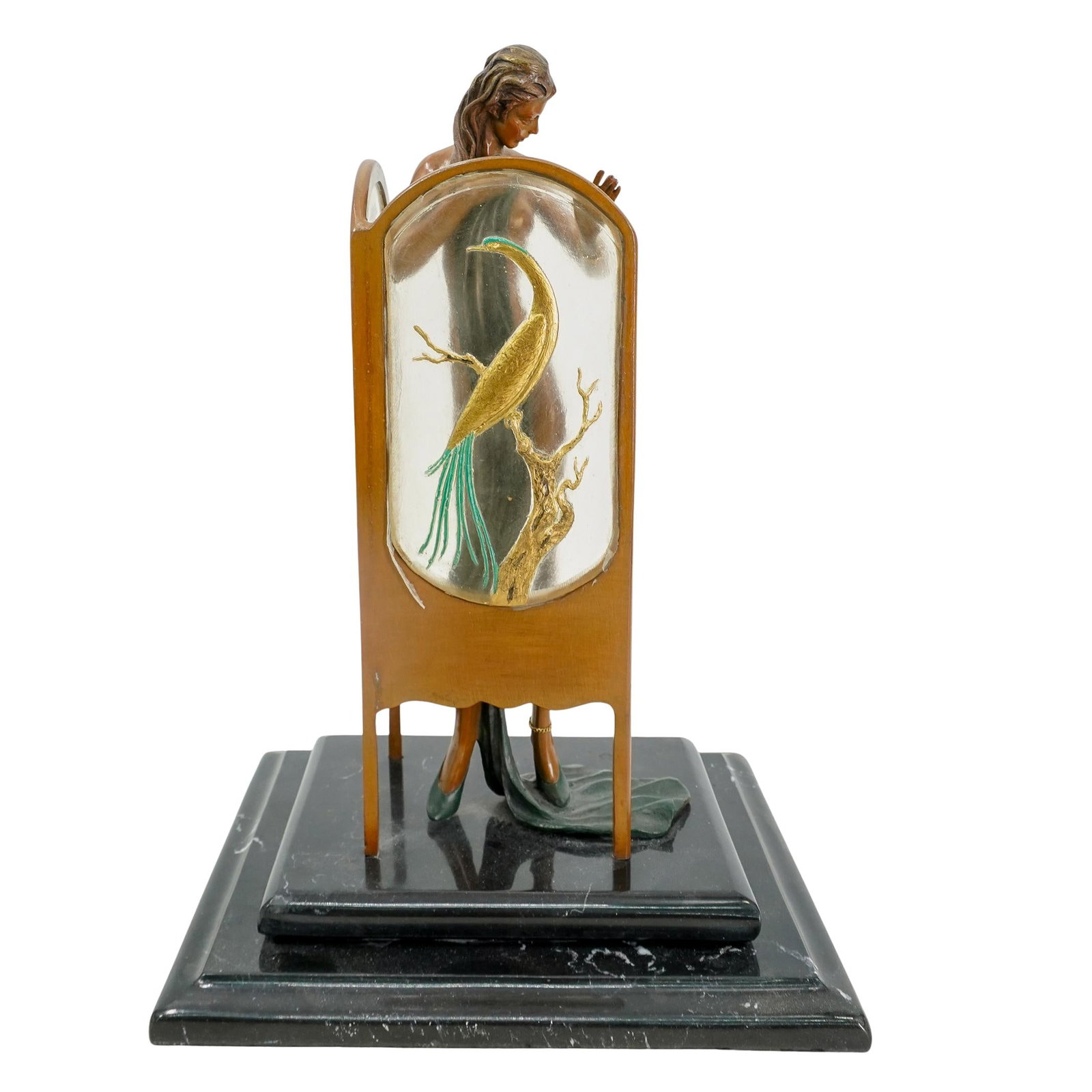 Signed Alberto Art Nouveau Style Bronze Sculpture: DESCRIPTION: Signed Alberto Art Nouveau Style Bronze Sculpture depicts a nude woman standing behind a screen, accented with polychrome finishes and affixed to a marble base. Signed "Alberto" and editi
