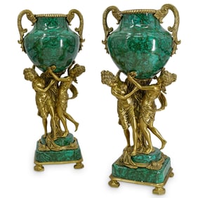 Pair French Empire Style Malachite Porcelain & Gilt Bronze Urns