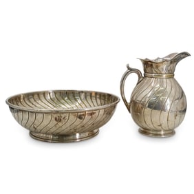 Antique Silver Plated Water Basin and Pitcher