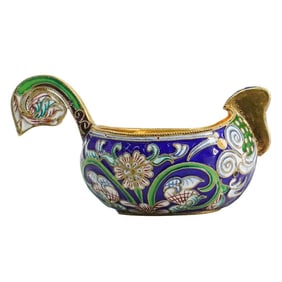 Russian Gilt Silver Cloisonne Kovsh Ladle