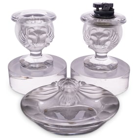 (3 Pc) Lalique "Tete de Lion" Crystal Smoker Set