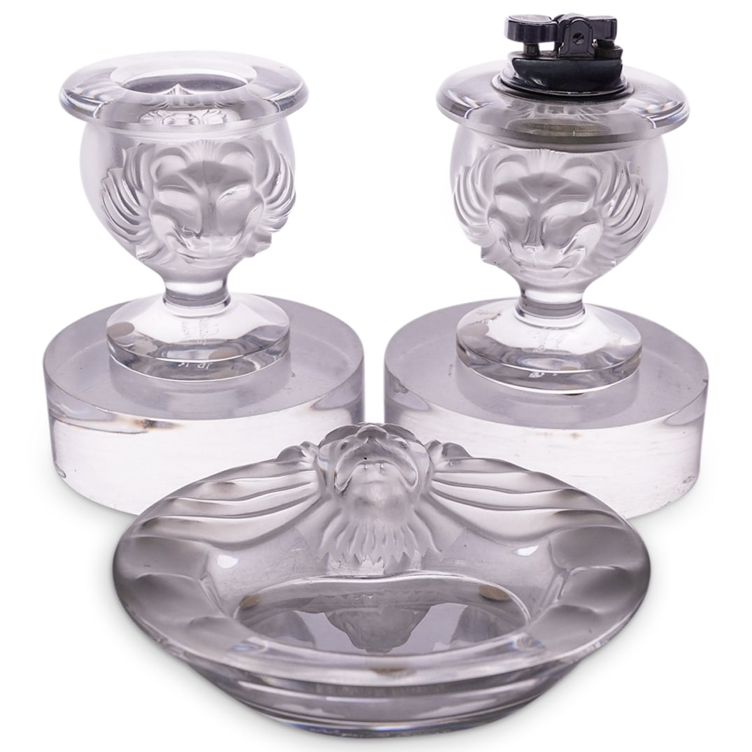 (3 Pc) Lalique "Tete de Lion" Crystal Smoker Set (1 of 6)