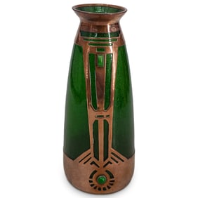 Art Nouveau Bohemian Art Glass & Copper Vase