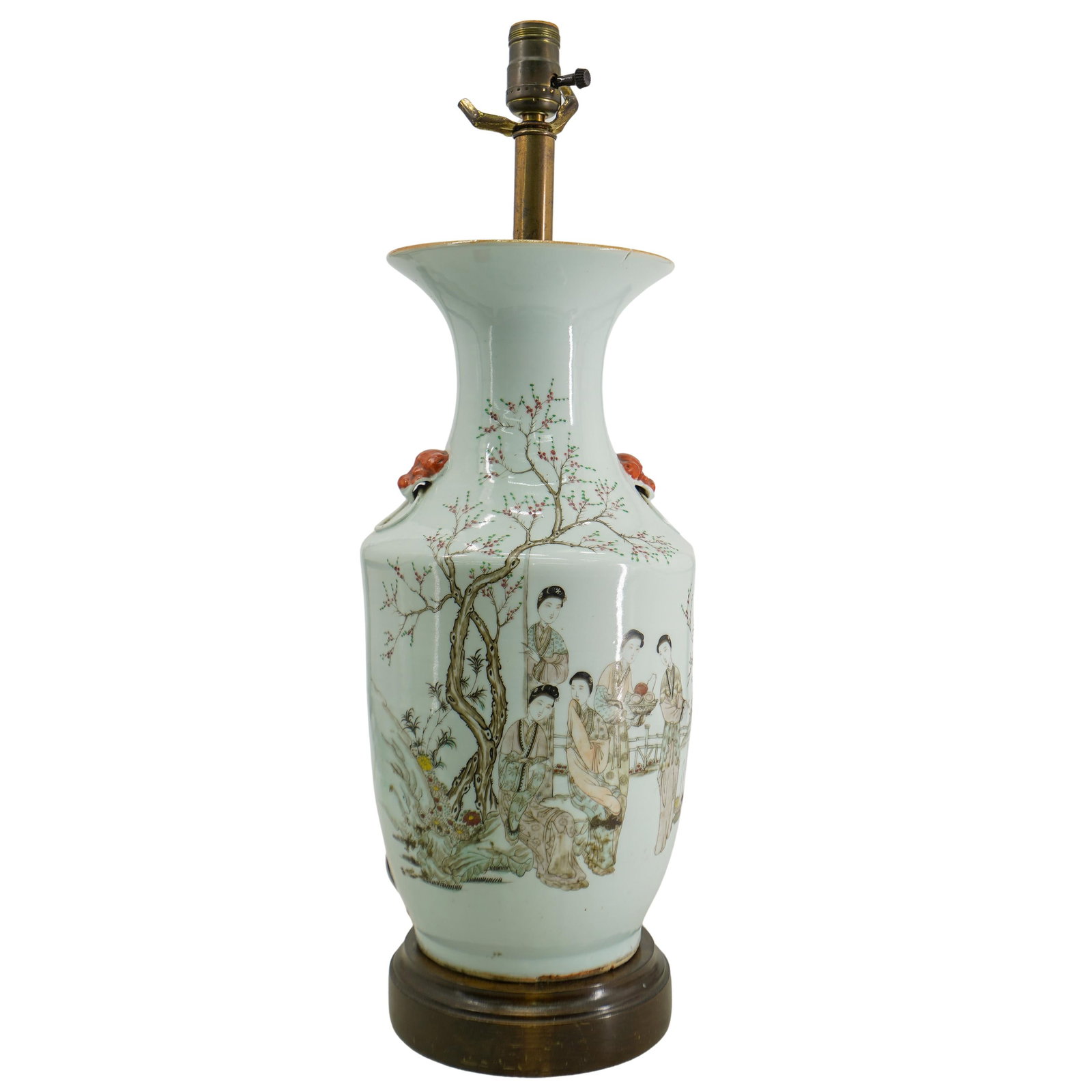 Antique Chinese Famille Verte Porcelain Lamp: DESCRIPTION: An antique Chinese porcelain famille lamp decorated with famille verte robed figures, accented with foliage. Completed with foo dog handles. Converted to a lamp. CIRCA: Early-Mid 20th Cen