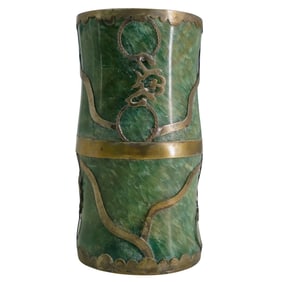 Antique Chinese Spinach Jade & Brass Brush Pot