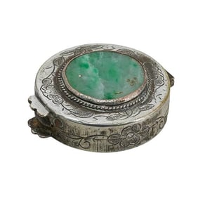 Chinese Silver & Carved Jade Round Pill Box