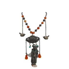 Antique Chinese Silver & Agate Necklace