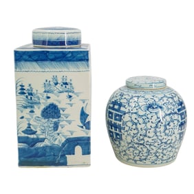 (2 Pc) Chinese Blue & White Porcelain Tea Caddy & Ginger Jar