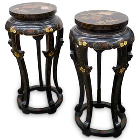 Pair Chinese Lacquered Wood Stools
