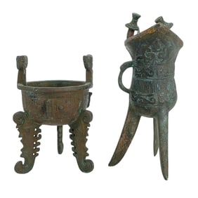 (2 Pc) Archaic Style Chinese Bronze Ritual Vessels