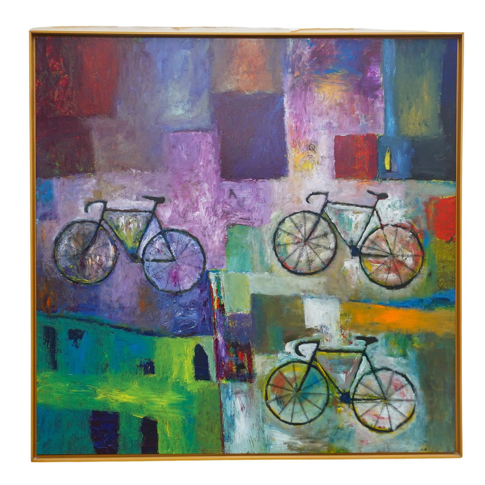 William Lira (Venezuelan, B. 1962) Acrylic on Canvas: DESCRIPTION: William Lira (Venezuelan, B. 1962) acrylic painting on canvas, titled "Entre Caminos". The background is dominated by blocks of vibrant colors, creating a patchwork like effect. Superimpo