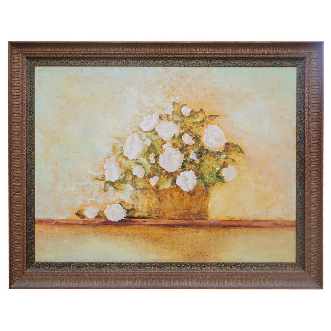Large Signed Impressionist Oil on Canvas Floral Painting: DESCRIPTION: Large impressionist oil on canvas painting, depicting a basket of pink flowers against a warm neutral toned background. Artists signature located bottom right "Valera" CIRCA: 20th Century