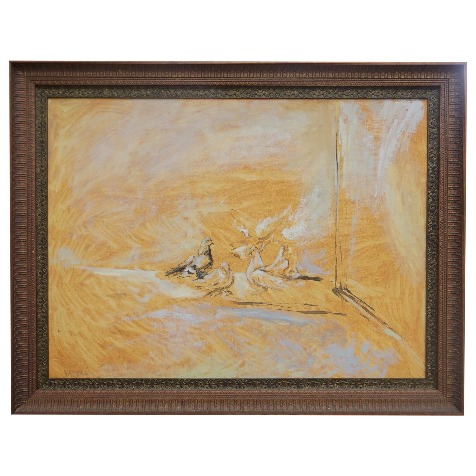 Large Signed Impressionist Oil on Canvas Bird Painting: DESCRIPTION: Large impressionist oil on canvas painting, depicting a group of birds, possibly doves, gathered on a warm, textured surface. Artist's signature located bottom left "Valera", framed. CIRC