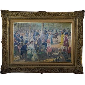19th Century European Garden Scene Oil Painting