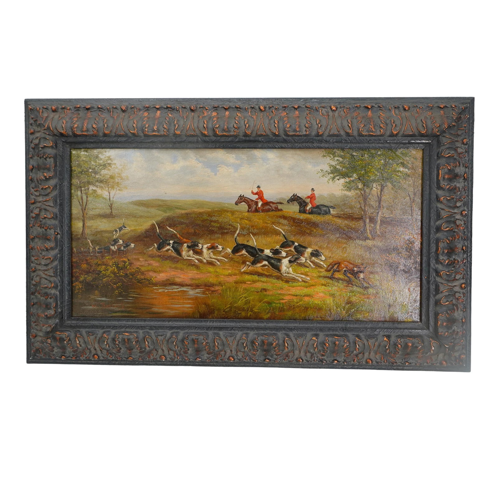 Signed English Hunting Scene Oil On Canvas Painting: DESCRIPTION: Signed English Hunting Scene Oil On Canvas Painting depicts a group of hounds after a wolf with two men on horseback, signed indistinctly along the bottom left. Completed in a carved wood