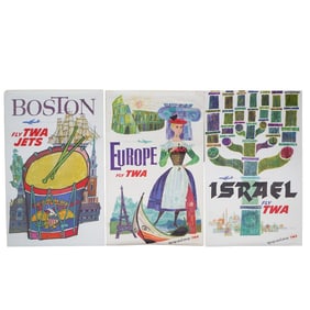 (3pc) Vintage TWA Travel Lithograph Posters