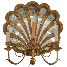 Antique Italian Gilt wood and Mirrored Three Light Shell Sconce