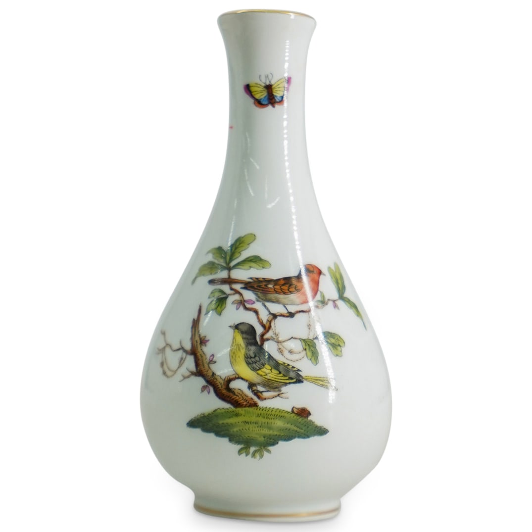 Herend Rothschild Porcelain Bottleneck Vase: DESCRIPTION: Herend porcelain bottleneck vase, featuring "Rothschild" pattern composed of hand painted birds, insects, and butterflies with gilt trim. Stamped underside CIRCA: 20th Century ORIGIN: Hun