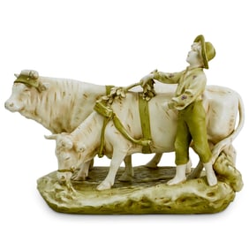 Royal Dux Boy Herding Cattle Porcelain Statue