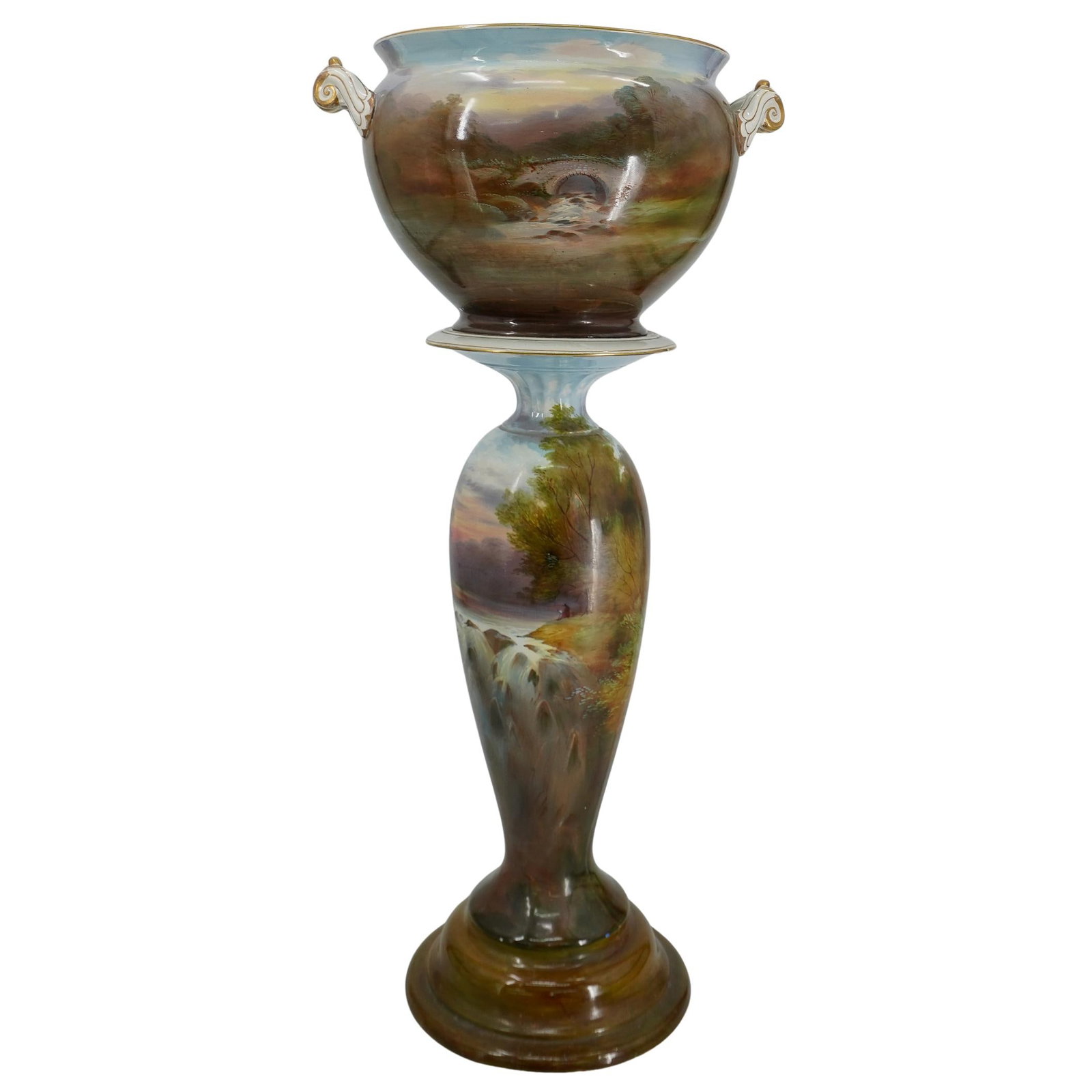 Antique Bavarian Porcelain Pedestal Planter: DESCRIPTION: Antique Bavarian porcelain pedestal planter with hand painted landscape scene. Makers mark to underside of planter and pedestal. CIRCA: 19th Cent. ORIGIN: Bavaria DIMENSIONS: (Planter) H: