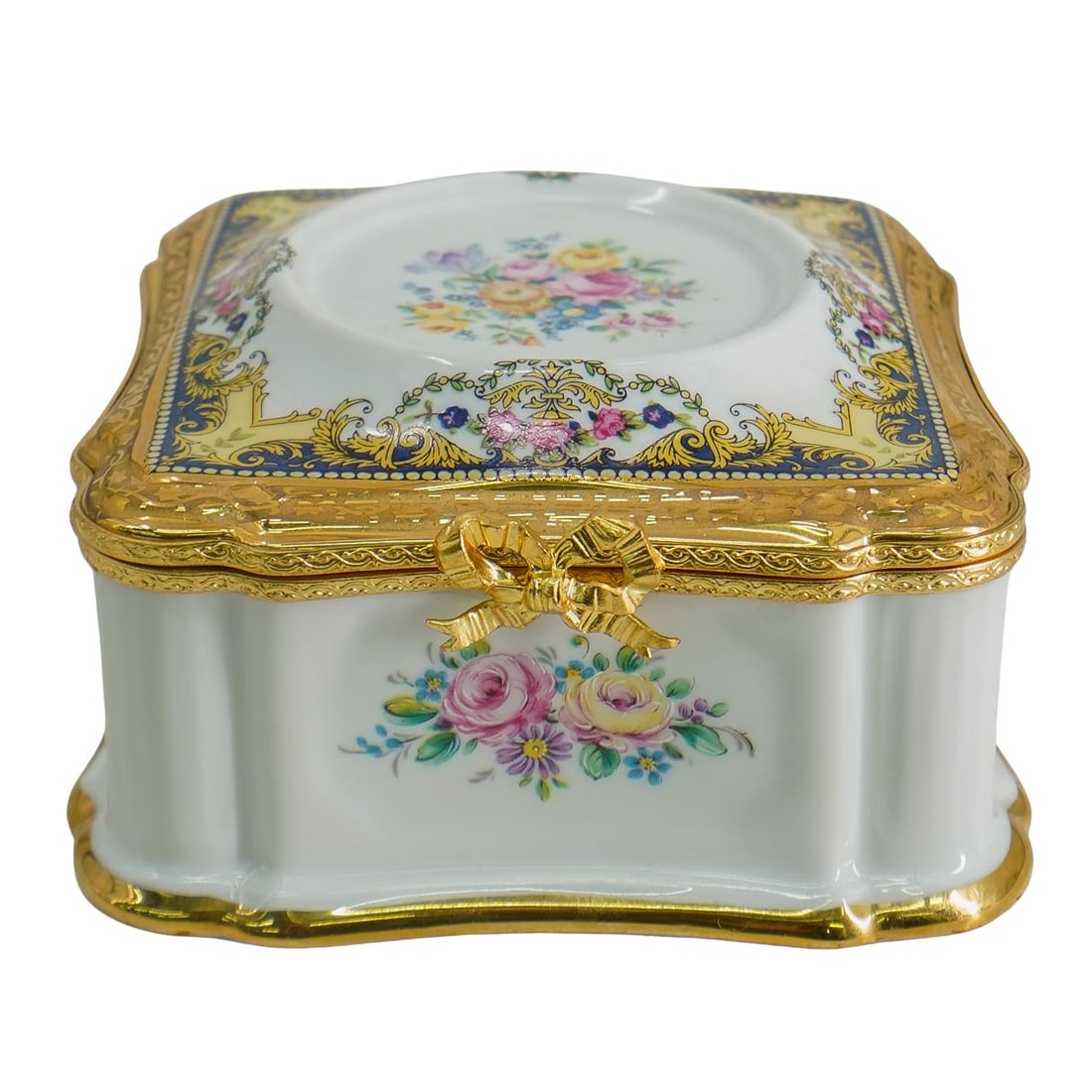 Limoges Hand Painted 22k Gold & Porcelain Box: DESCRIPTION: Limoges porcelain box, featuring hand painted florals throughout with 22k gold trim and bow clasp. Marked underside "Porcelaine Imperial Limoges Made in France Decor or veritable 22k guar