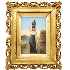 Hand Painted Porcelain Plaque of Woman with Amphora Vessel