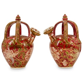 Pair Fischer Hungarian Porcelain Multi Handled Jugs