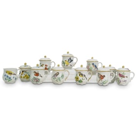 (11 Pc) Limoges Hand Painted Porcelain Bird Pots de Creme