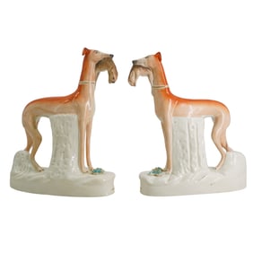 Pair English Staffordshire Hunting Hounds with Rabbits Porcelain Figurines