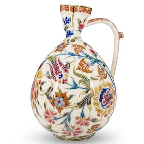Antique Zsolnay Porcelain Bulbous Pinch Lipped Ewer