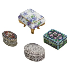 (4 Pc) Vintage Miniature Silver & Porcelain Box Grouping