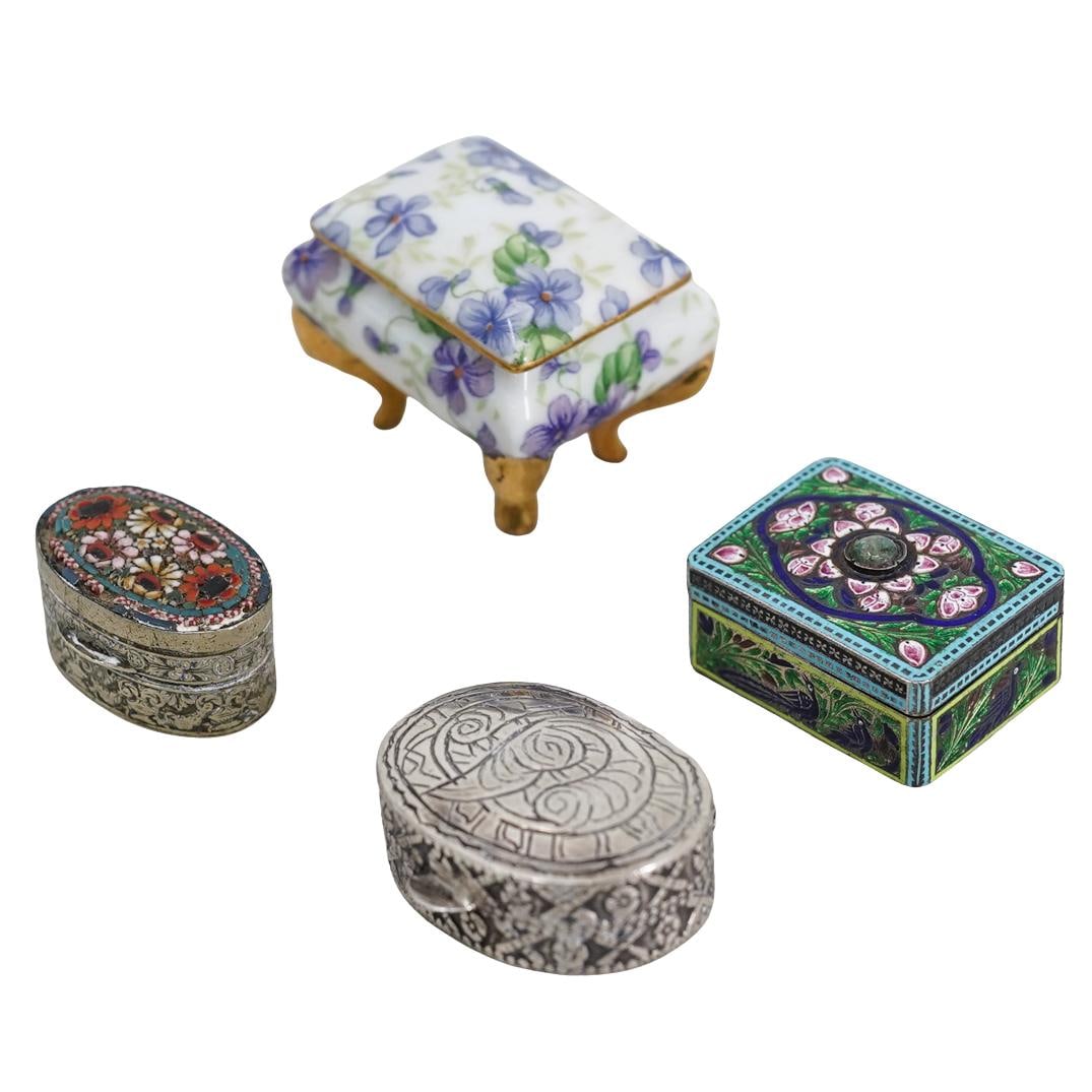 (4 Pc) Vintage Miniature Silver & Porcelain Box Grouping (1 of 5)
