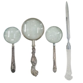 (4 Pc) Antique Sterling Silver Magnifying Glass and Letter Opener