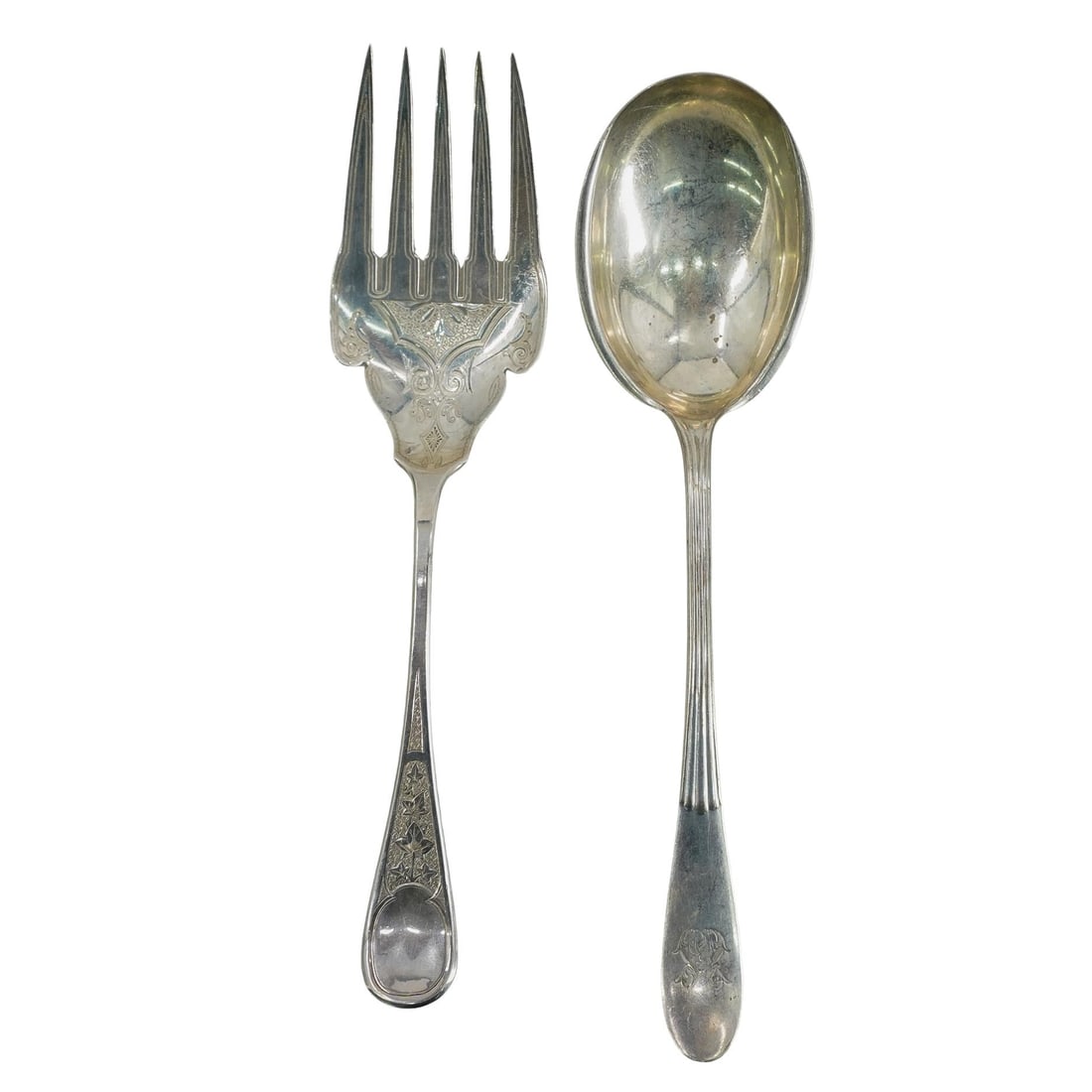 (2 Pc) Antique Tiffany & Co. Silver Serving Spoon & Fork (1 of 5)