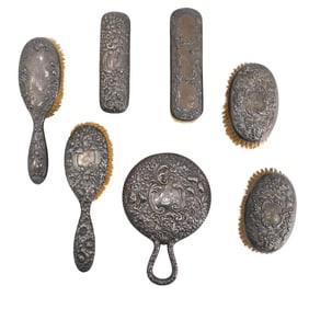 (7 Pc) Antique Repousse Sterling Silver Dresser Mirror & Brushes Grouping