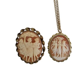(2 Pc) Gold Plated Cameo "Three Graces" Brooch & Pendant Set
