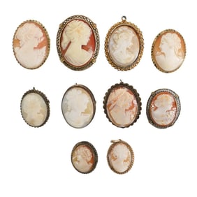 (10 Pc) Assorted Cameo Brooch & Pendant Grouping Collection