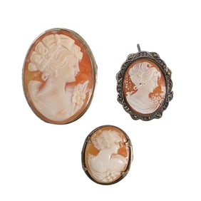 (3 Pc) Assorted Vintage Silver Cameo Brooches Grouping Set