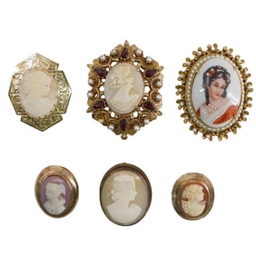 (6 Pc) Vintage Cameo Brooch / Pendant Grouping Set
