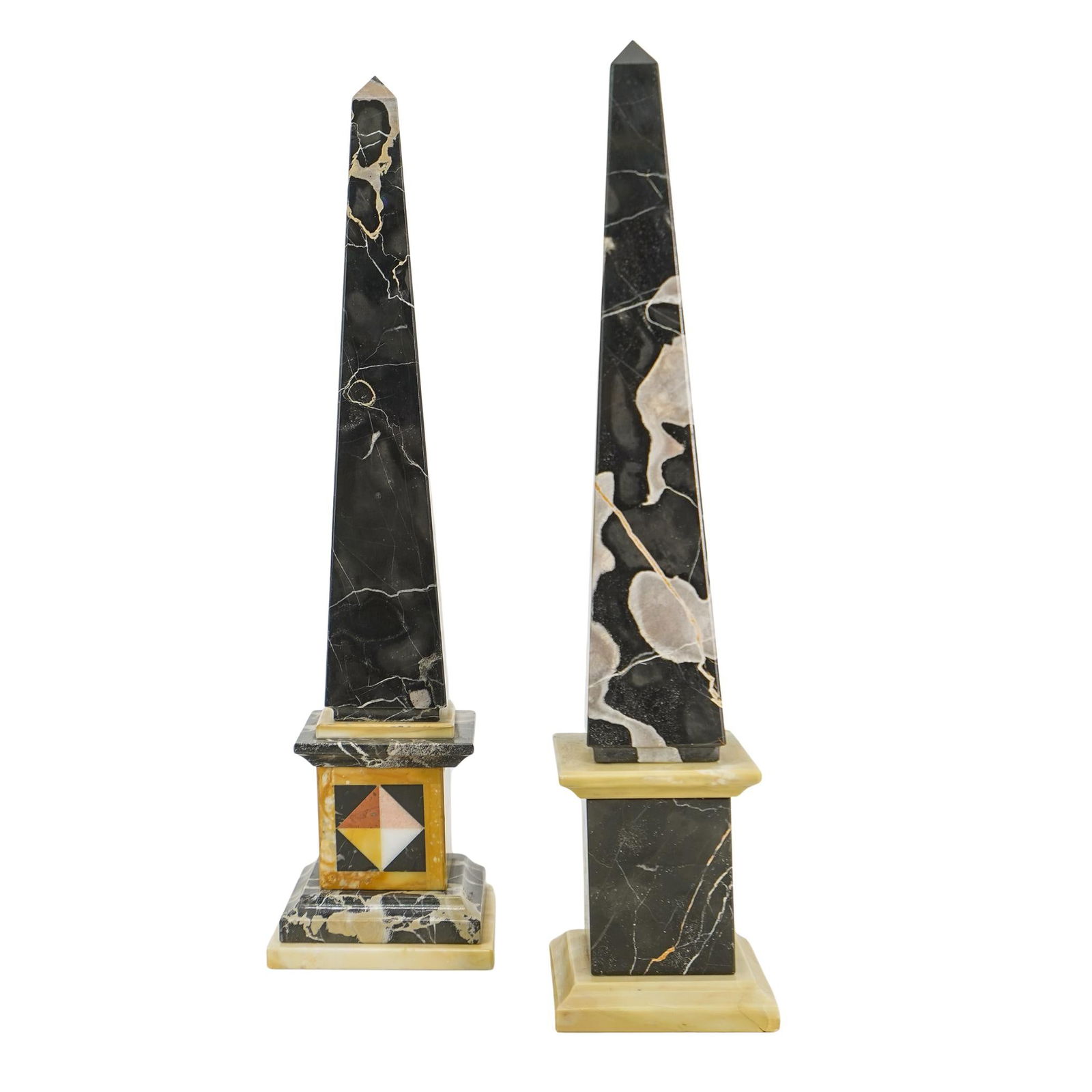 Pair Italian Portoro Marble Obelisks: DESCRIPTION: Pair of Italian portoro marble obelisks, with classic, tapered four sided structure ending in a pointed tip. The base of each is crafted from a lighter cream colored marble. CIRCA: 1960's
