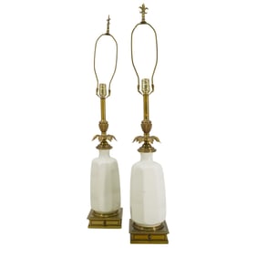 Pair Stiffel Lenox Mid Century Porcelain & Brass Table Lamps