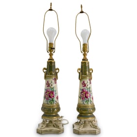 Pair Hand Painted Floral Porcelain Lamps