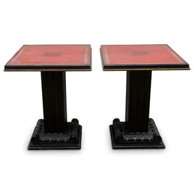 Pair Hollywood Regency Leather Embossed Side Tables