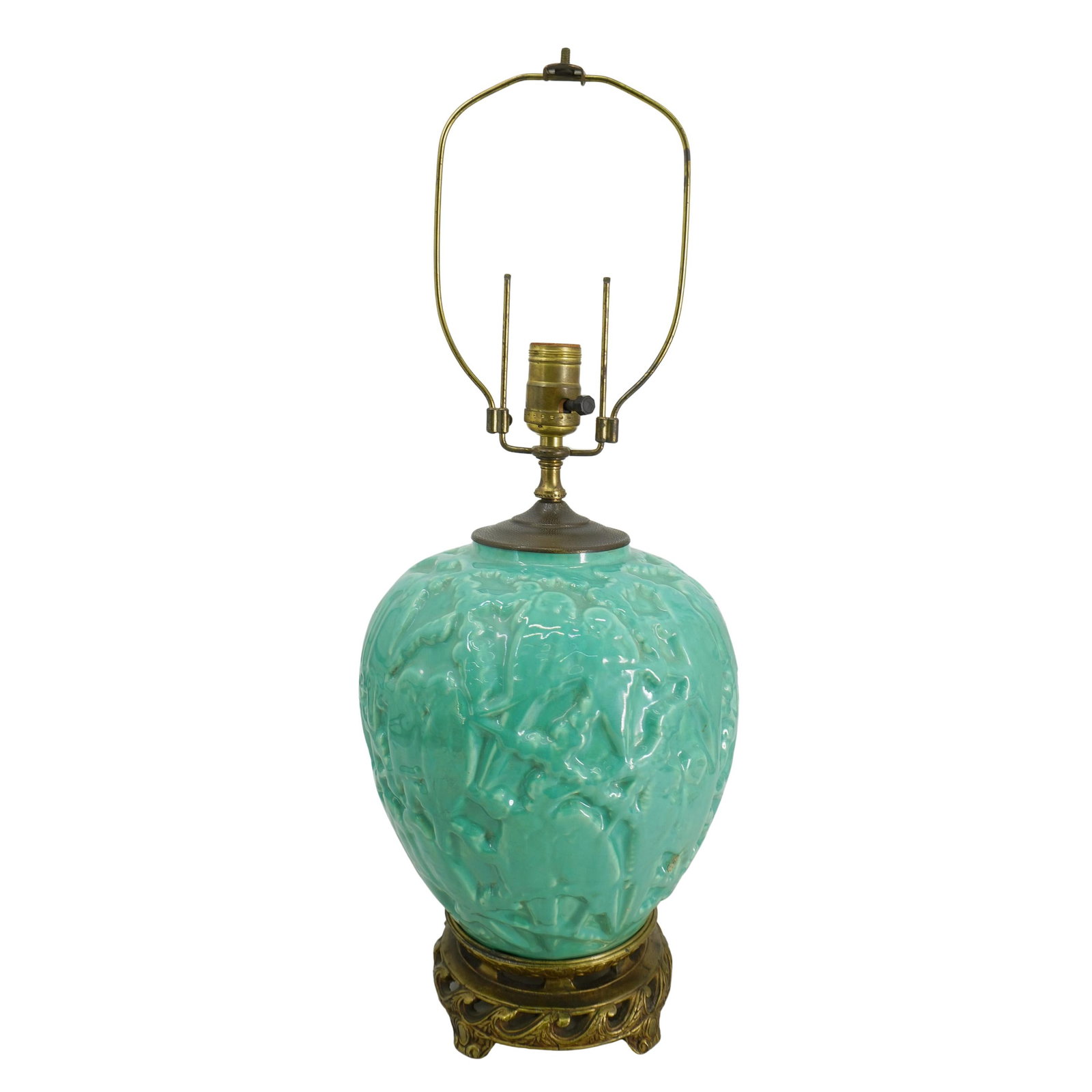 Stangl Pottery "Love Birds" Lamp: DESCRIPTION: Stangl Pottery 'Love Birds' lamp featuring embossed birds decorations. With a green glaze finish. Stangl Pottery was a company in Flemington (and later Trenton), New Jersey, that manufact