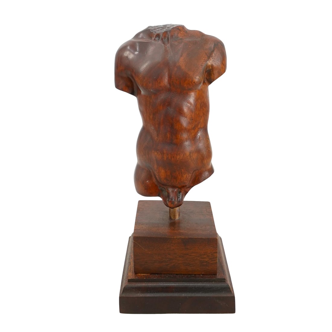 Wooden Modernist Torso Sculpture: DESCRIPTION: Wooden sculpture of a male torso in the modernist style, attached to base by a metal rod. Sits on a wooden base with a felt bottom. CIRCA: 20th century ORIGIN: France DIMENSIONS: H: 9.5" 