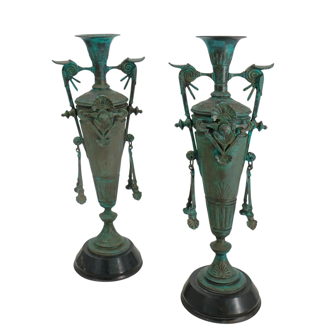 (2 pcs) Cast Iron Urns with Verdigris Finish (1 of 4)