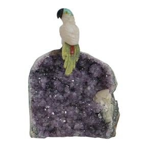 Semi Precious Stone Carved Bird Figure on Amethyst
